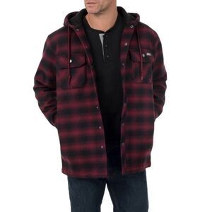 Dickies Red Black Twill Polar Fleece Lined Plaid Hooded Work Jacket Mens M 38/40
